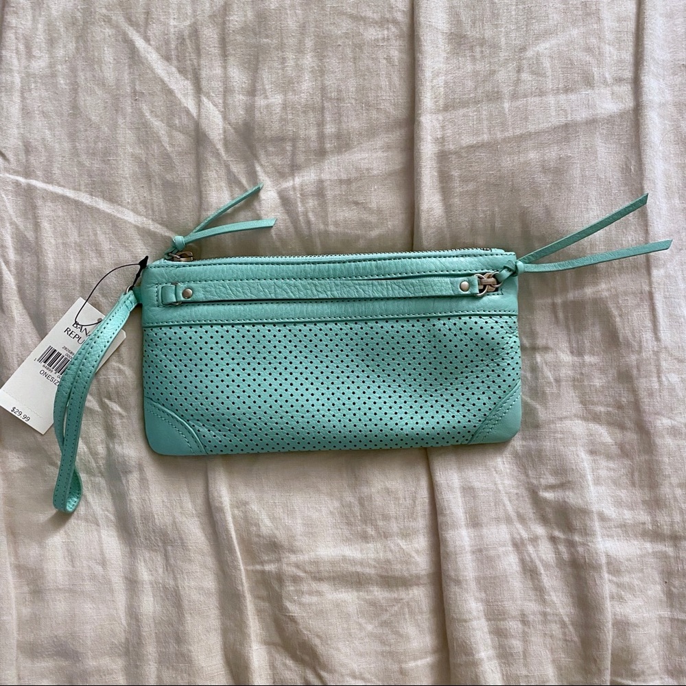 NWT Banana Republic seafoam aqua blue perforated wristlet clutch
